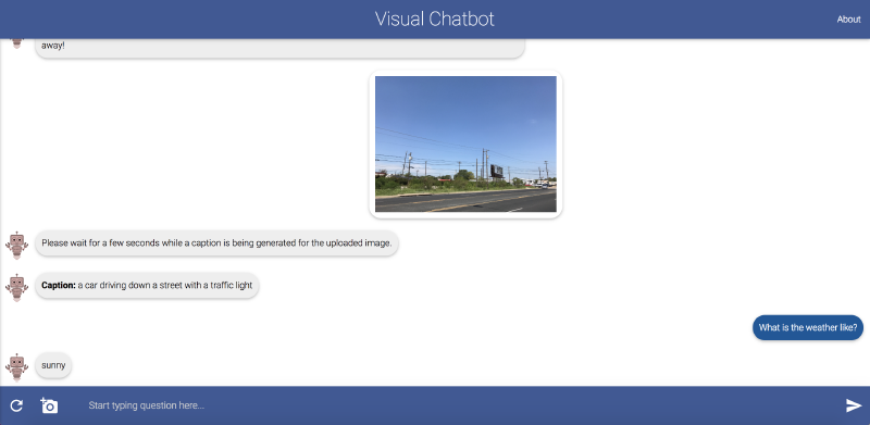 Screenshot of the Visual Chatbot demo showing a street scene image with the generated caption 'a car driving down a street with a traffic light' and the user asking 'What is the weather like?' with the bot answering 'sunny'