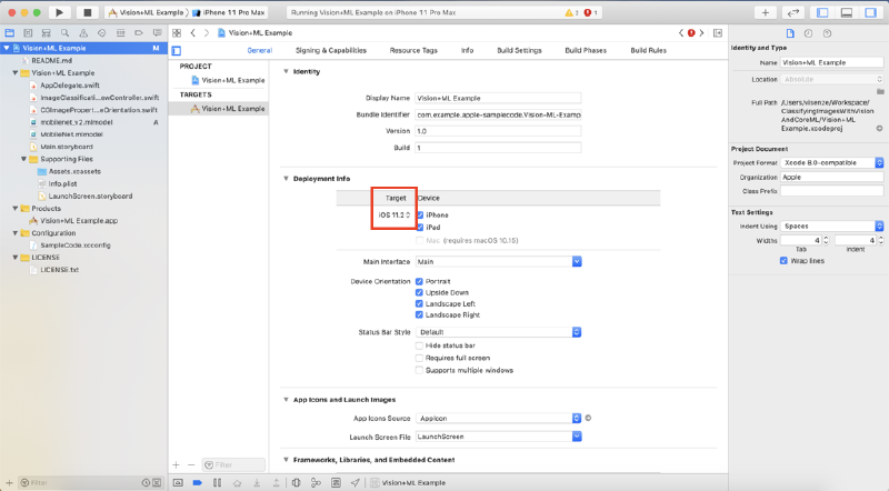 Xcode project General settings for the Vision+ML Example target, with the Deployment Info section showing the iOS target version highlighted in a red rectangle set to iOS 11.2