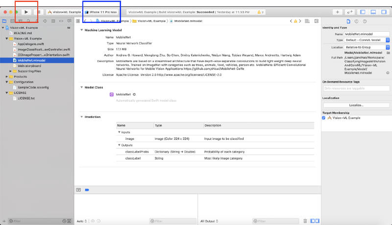 Xcode toolbar with the build button highlighted in a red rectangle and the device simulator selector showing iPhone 11 Pro Max highlighted in a blue rectangle