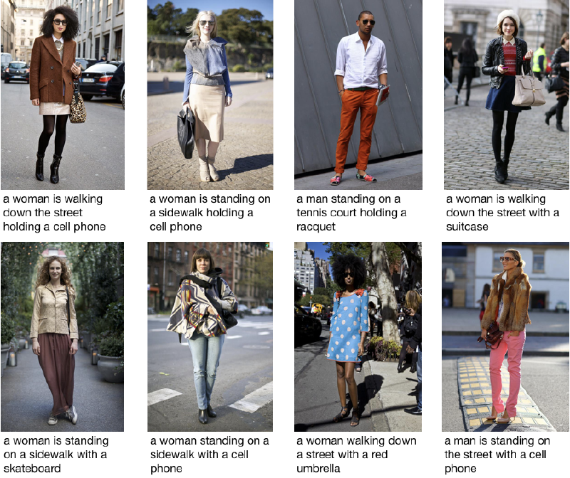 Grid of eight Clothing Co-Parsing dataset images showing fashion street photography with neuraltalk2 generated captions that are generic and repetitive, frequently mentioning cell phones and sidewalks