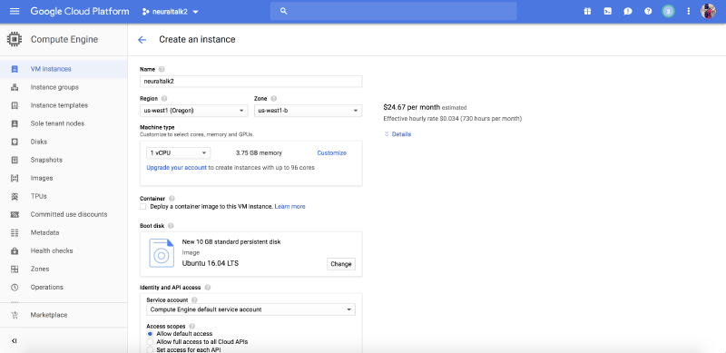 Google Cloud Platform Create an Instance page showing the upper settings: name set to neuraltalk2, region us-west1 Oregon, zone us-west1-b, 1 vCPU with 3.75 GB memory, and Ubuntu 16.04 LTS boot disk